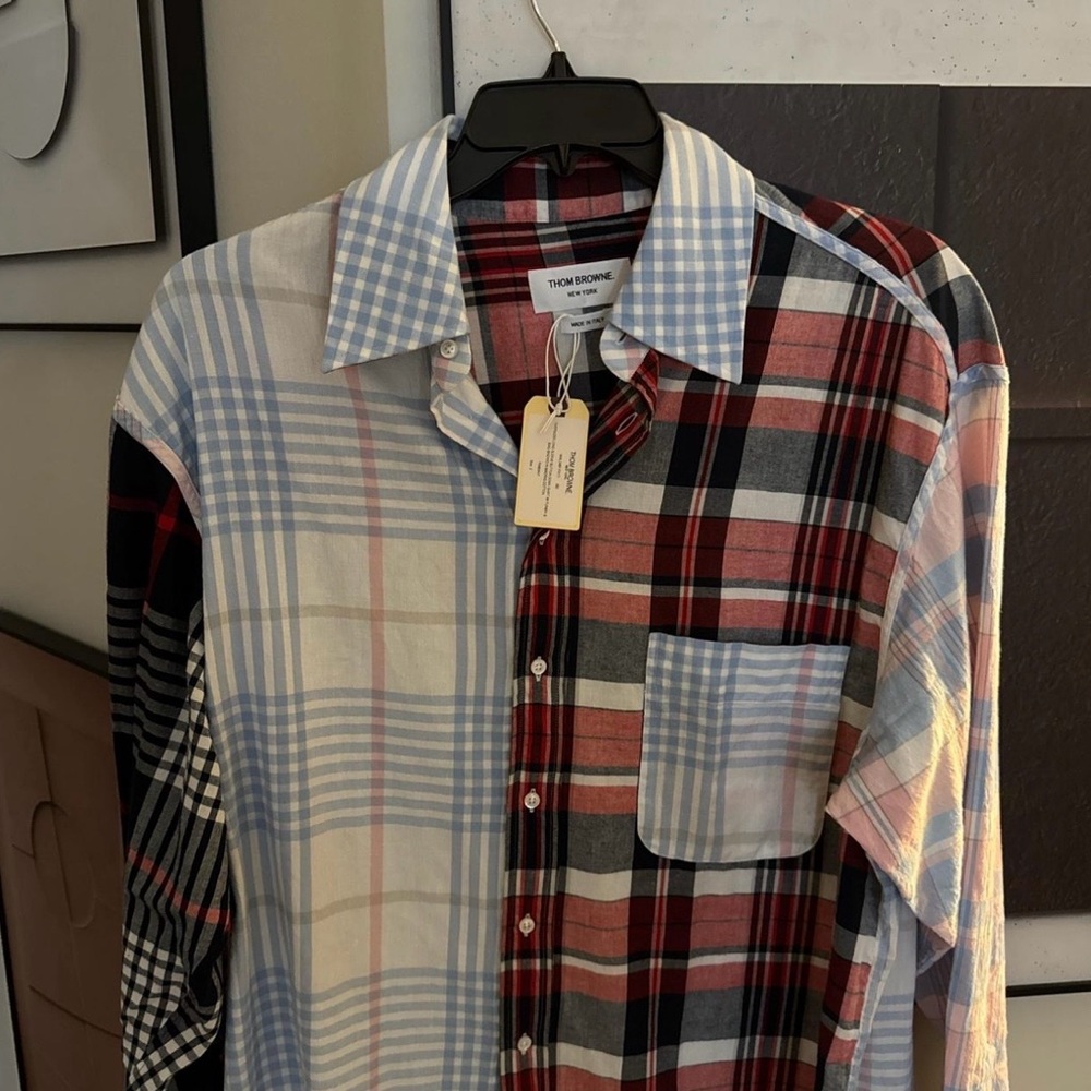 Thom Browne Patchwork Plaid Button-Down Shirt - Blue, Red, Black